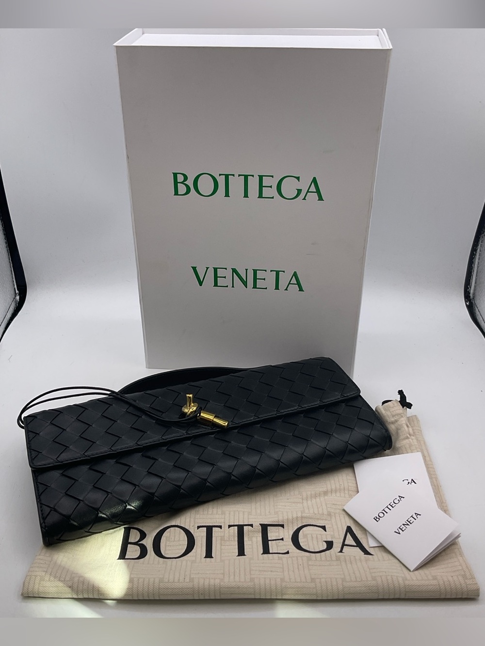 Bottega Veneta Andiamo Black Intrecciato Leather Top Handle Clutch Bag